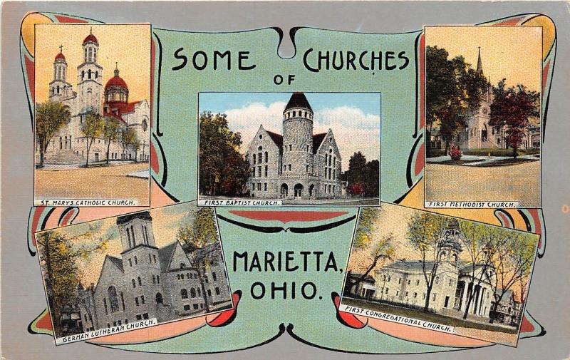 Ohio Postcard MARIETTA Washington County Old SOME CHURCHES 5View Fancy 