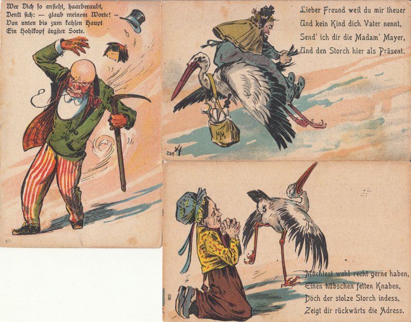 German humor 1900s comic woman stork man wig caricature lot of 3 litho postcards 