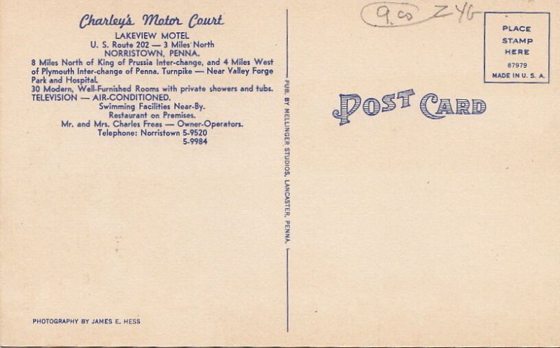 Postcard Charley's Motor Court Norristown PA #1