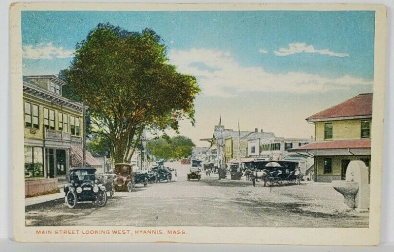 Hyannia Mass Main Street Looking West 1920s Autos Horse Wagon Postcard R19