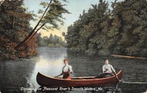 ME, Maine  COUPLE ROWING CANOE on PLEASANT RIVER Cumberland County 1909 Postcard