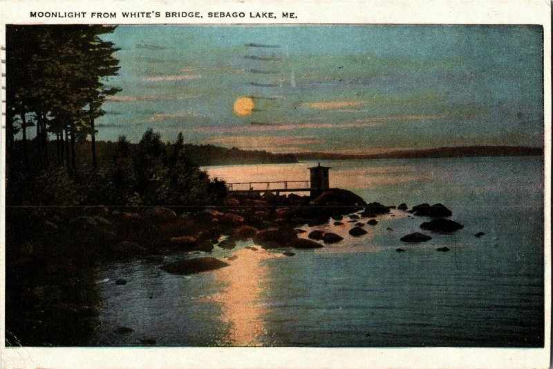 Moonlight from White's Bridge on Sebago Lake, ME c1929 Vintage Postcard B53