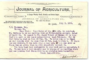 1892 ST LOUIS MO JOURNAL OF AGRICULTURE FARM FAMILY STOCK PAPER LETTER Z5228