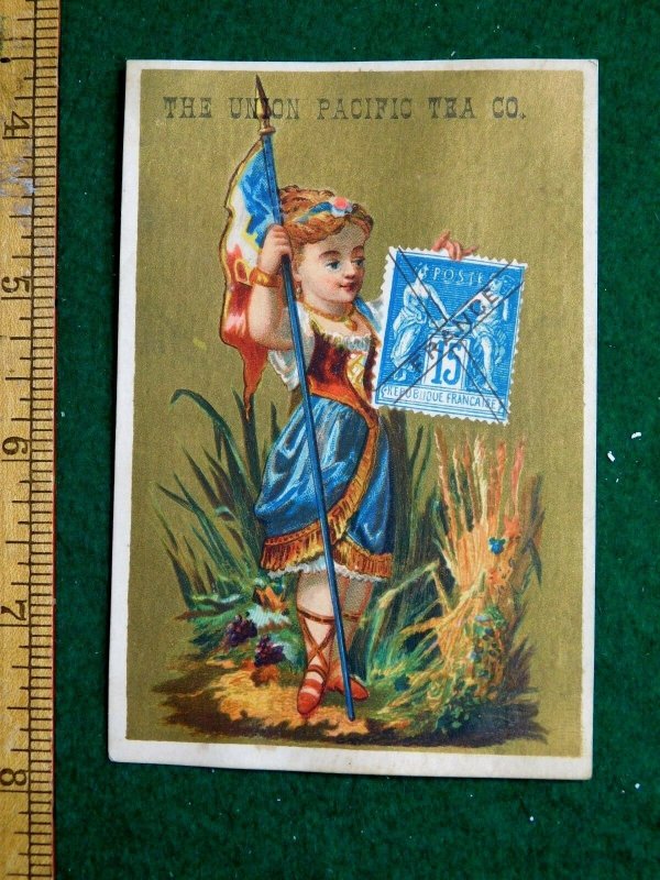 1870s-80s The Union Pacific Tea Co, French Postage Stamp Country Trade Card F32