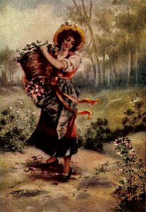 c1915 WILD FLOWERS LADY CARRING BASKET ARTIST SIGNED POSTCARD 20-247