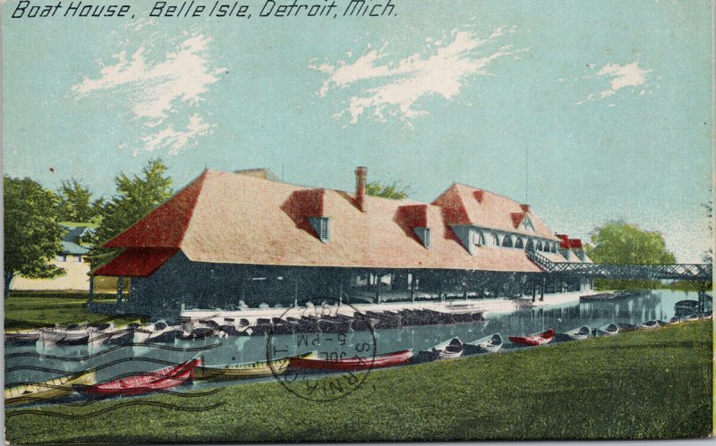 Belle Isle Detroit MI Boat House c1912 Blenheim & Sarnia RPO Postcard G54