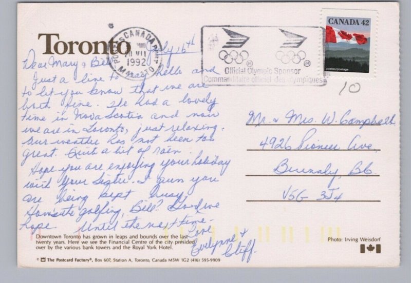 Financial Centre, Toronto, Ontario, 1992 Chrome Postcard, Olympic Slogan Cancel
