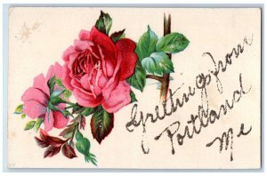 c1910 Rose Flower, Greetings from Portland Maine ME Glitter Embossed Postcard 