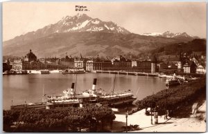 Pilatus Mountain Switzerland Alps Boats Ships Buildings Real Photo RPPC Postcard