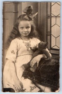 c1910's Girl Curly Long Hair With Teddy Bear House Interior RPPC Photo Postcard