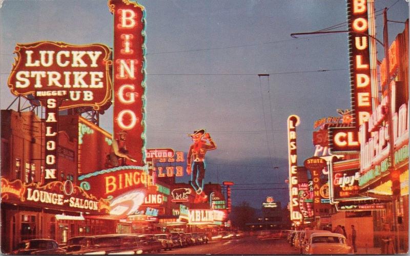 Las Vegas NV Freemont St. Lucky Strike Bingo Boulder Nugget Saloon Postcard E31