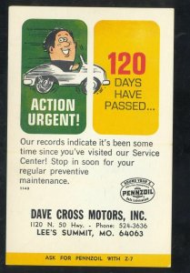 LEE'S SUMMIT MISSO9URI DAVE CROSS MOTORS PENNZOIL OIL ADVERTISING POSTCARD