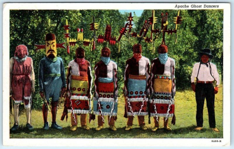 Native American Indian   APACHE GHOST DANCERS  ca 1940s Linen Curteich  Postcard