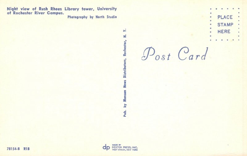 Vintage Postcard Night View Rush Rhees Library University Campus Rochester NY