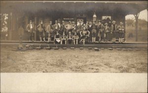 Winslow Maine ME Train Station Depot Military Men c1905 Real Photo Postcard