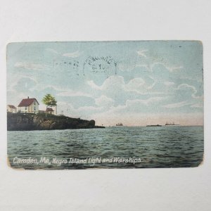 Camden Maine Negro Island Light Lighthouse Warships War Ship Boat Postcard C19
