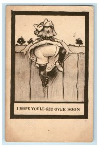 1910 Greetings Girl Climbing I hope You'll Get Over Soon Hamilton Ohio Postcard 