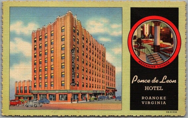 Roanoke, Virginia Postcard PONCE DE LEON HOTEL Curteich Deckled Linen