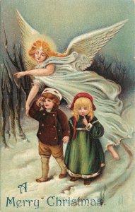 Angel and Children Merry Christmas Embossed Postcard BB London 2109