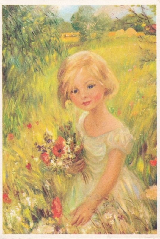 Summertime Strevens Pretty Child Flower Picking Painting Postcard