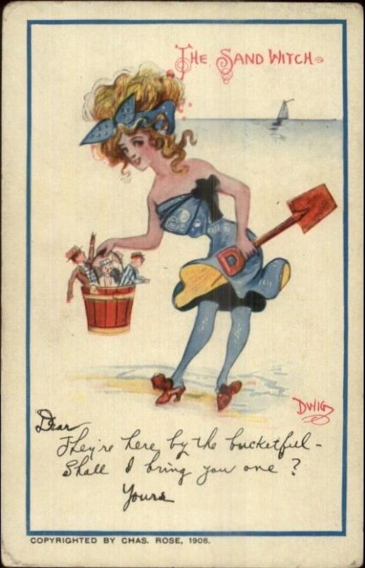 DWIG - Beautiful Woman Bathing Beauty Sand Pail & Toys SAND WITCH Postcard