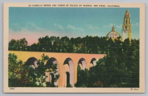San Diego California~Cabrillo Bridge & Tower Palace of Science~Vintage Postcard 