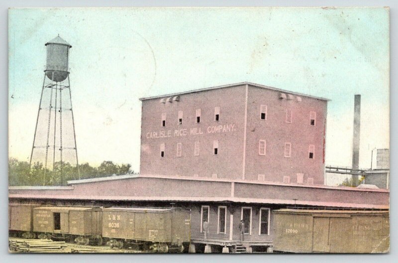 Carlisle IL~Rice Mill Company~Workers on Loading Dock~RR Cars~Water Tower~1909 