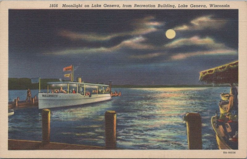 Postcard Moonlight on Lake Geneva from Recreation Bldg Lake Geneva WI