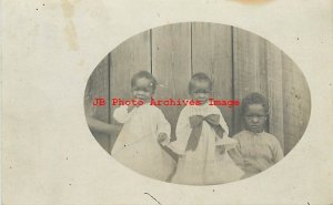 Black Americana, RPPC, Three Children Standing by Wood Fence, Photo