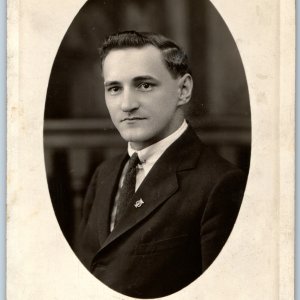 1923 ID'd Mr. Joseph Sup RPPC Young Man Portrait Suit Tie Lapel Pin Studio Photo