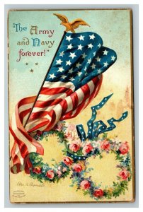 Vintage 1908 Ellen Clapsaddle Postcard American Flag Eagle Army Navy Forever