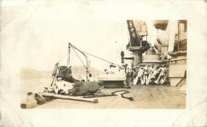 1920s Navy Military Ship Sailors Rope Lifting Ramp RPPC Real Photo