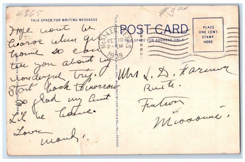 1938 US Post Office Building Scene Street McAllen Texas TX Vintage Postcard