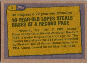 1987 Topps Baseball Card '86 Record Breaker Dave Lopes Houston Astros s2351