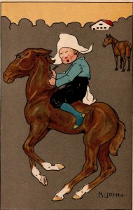 Artist Signed Bertiglia K.John Boy On A Horse Vintage Postcard 08.83