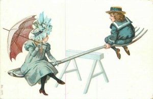 Artist impression C-1905 Children Romance Spoon Fork See Saw Postcard 22-1810