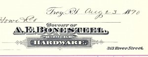 1890 TROY NY  A.E. BONESTEEL HARDWARE 313 RIVER ST  BILLHEAD INVOICE Z1720