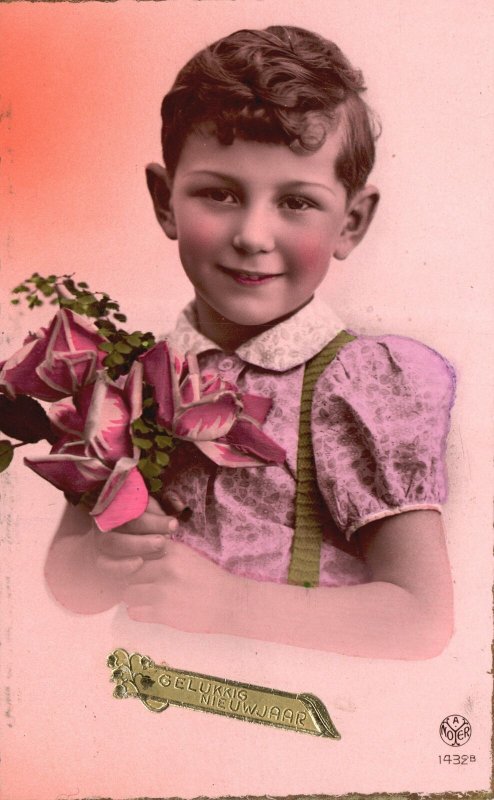 Vintage Postcard 1914 Gelukkig Nieuwjaar Happy New Year Greetings Girl & Flowers 