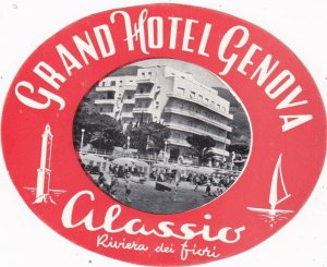 Italy Alassio Grand Hotel Genova Vintage Luggage Label sk1042