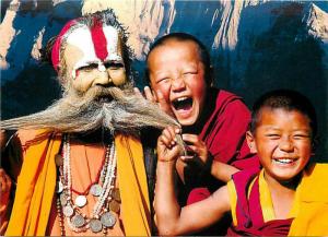 Tibet Boy Monks and Hindu Sadhu Mustache Buddhism Postcard