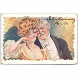 Postcard Silver Threads Among the Gold Illustration Comic Old Man Young Woman