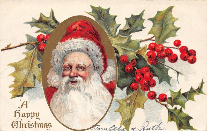 F42/ Santa Claus Merry Christmas Postcard c1910 Long Beard Holly 10 