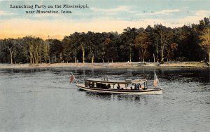 J45/ Muscatine Iowa Postcard c1910 Launching Party Mississippi River Boat 248