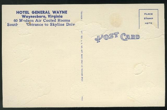 VA General Wayne Hotel Waynesboro Virginia Vintage Tichnor Linen Postcard