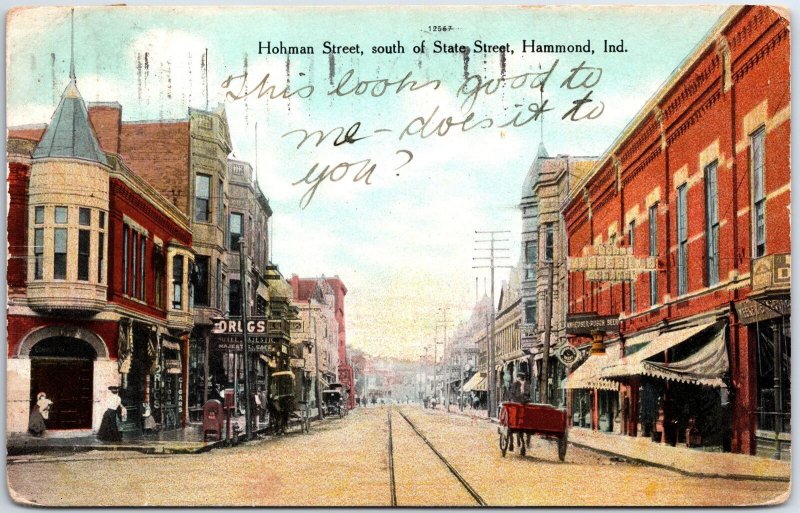 VINTAGE POSTCARD SCENE ON HOHMAN STREET IN HAMMOND INDIANA EARLY CURT TEICH RARE