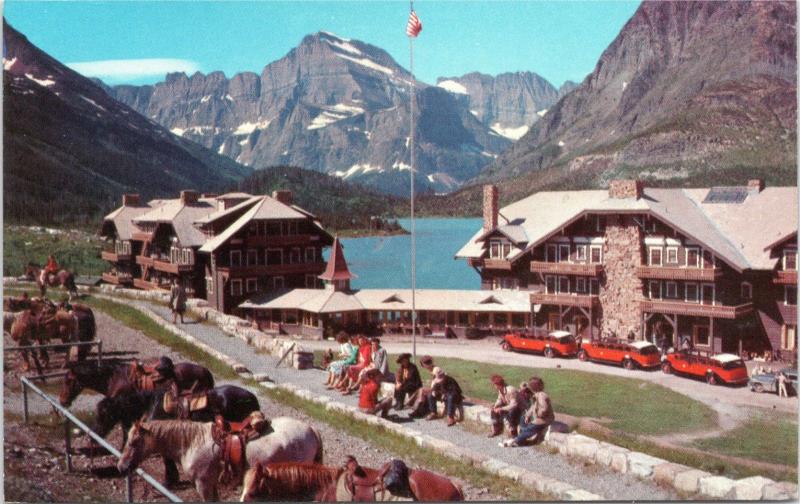 postcard MT Many Glacier Hotel, Alpine Resort, Swift-current Lake, Mt. Gould