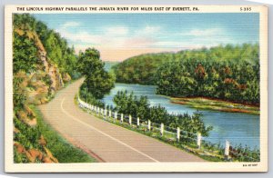 Everett Pennsylvania~Lincoln Highway & Juniata River~1936 Linen Postcard
