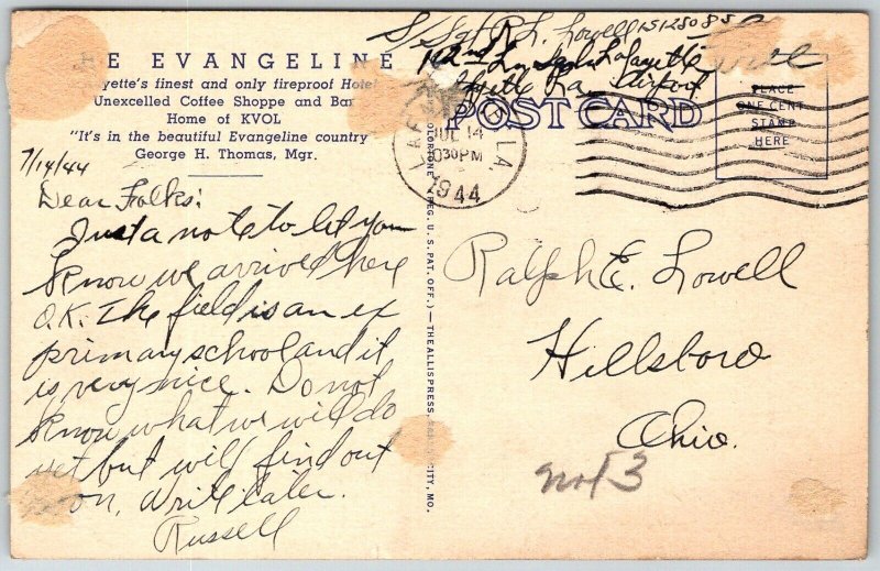 Lafayette Louisiana 1944 Postcard Evangeline Hotel