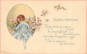 Holiday  EASTER GREETINGS  Poem~Little Girl In Blue Dress~Flowers  1921 Postcard