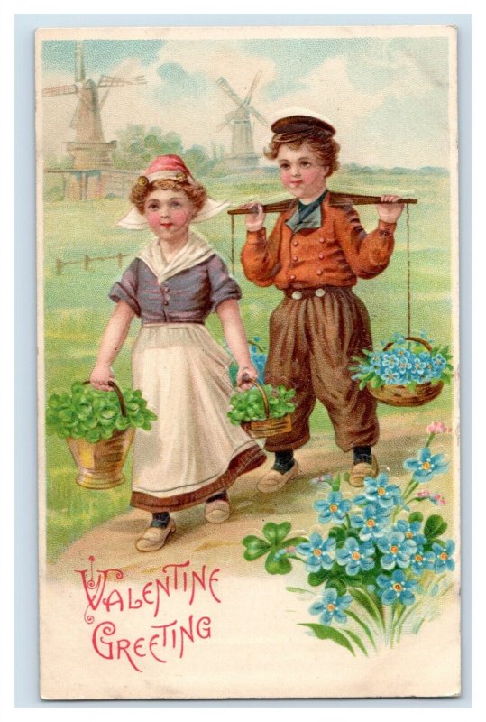 C. 1910 Dutch Couple Carrying Clover Baskets Valentine Vintage Postcard F33